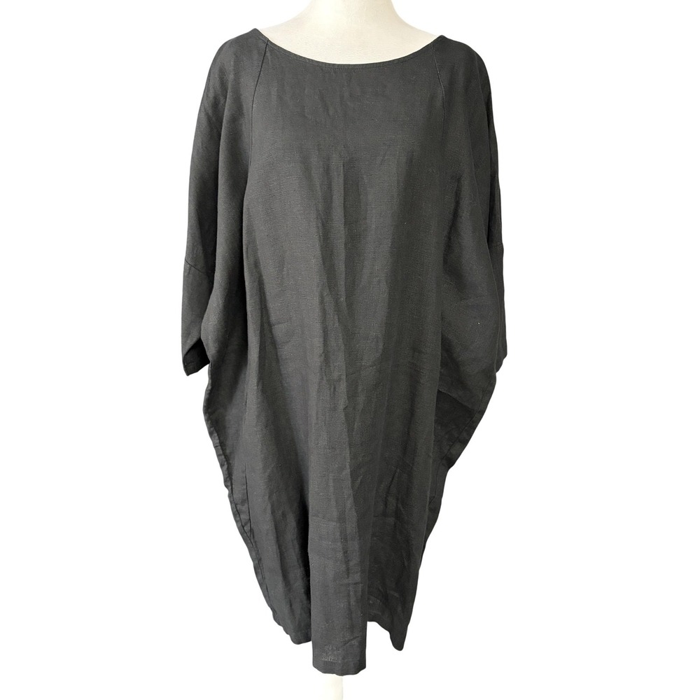 MagicLinen Womens XL Gray 100% Linen Kaftan Dress Boat Neck Pockets